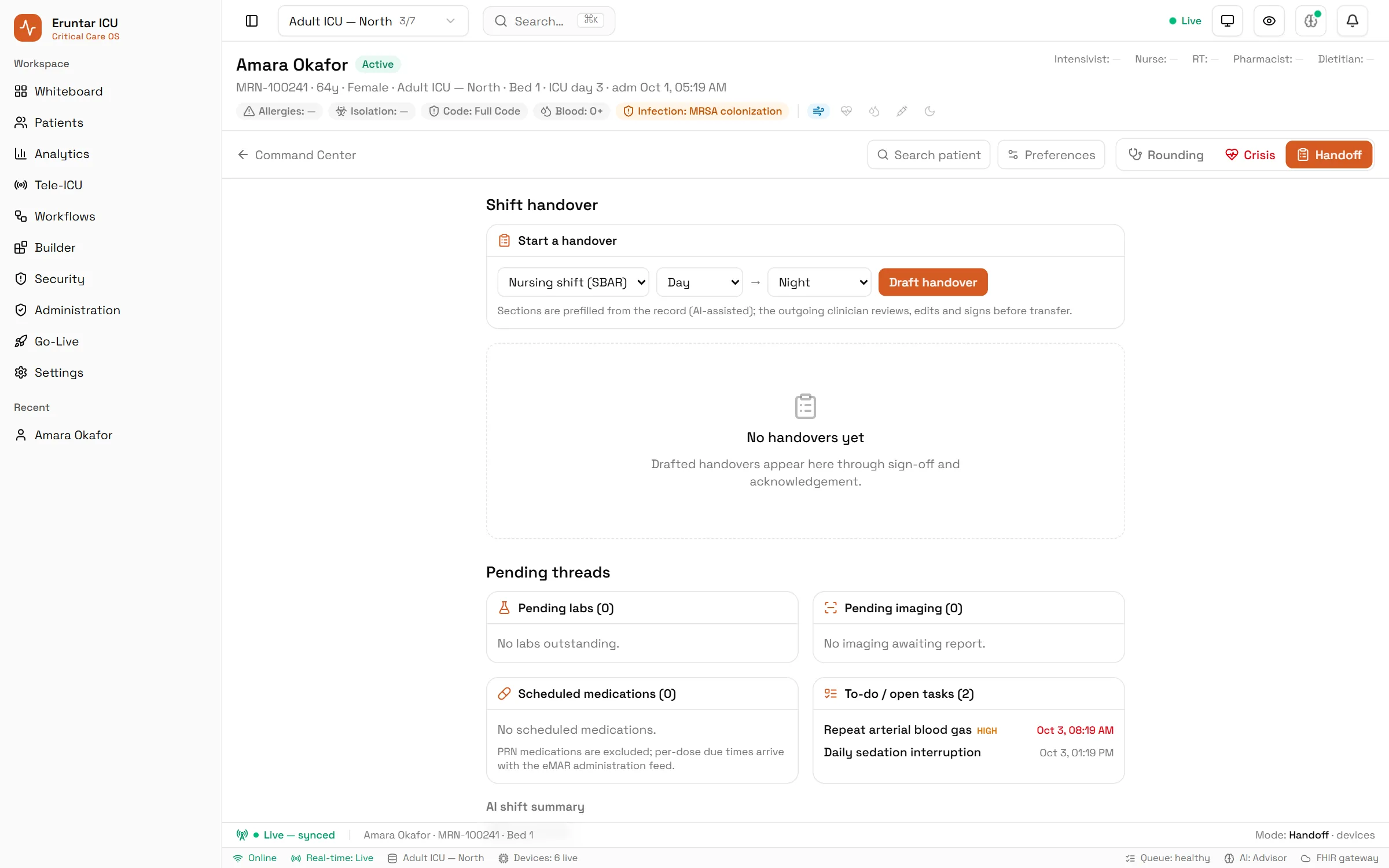 The handoff mode in a bed workspace of the Eruntar ICU Module: a form to draft a nursing SBAR handover from day to night shift, then pending labs, pending imaging, scheduled medications and open tasks such as repeating an arterial blood gas.