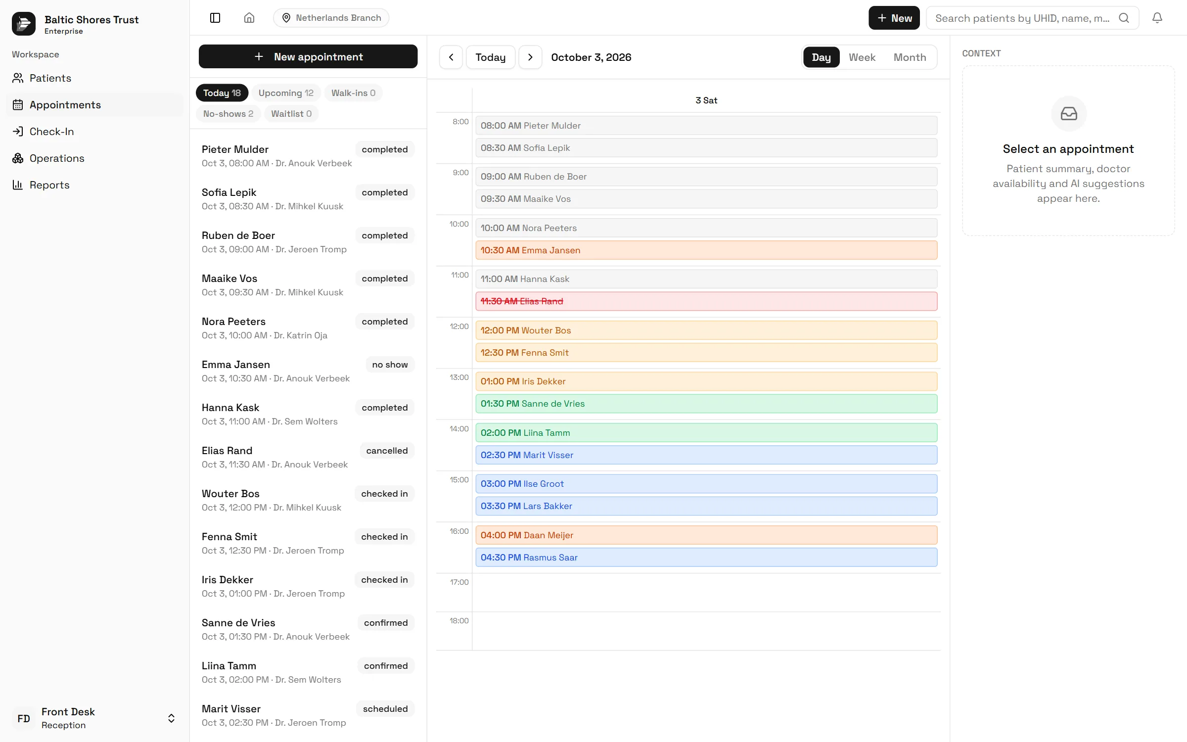 The day view of the appointment calendar in the Eruntar Reception Module: the day's appointments in half-hour blocks, coloured by status, with the list of today's appointments and their doctors beside it.