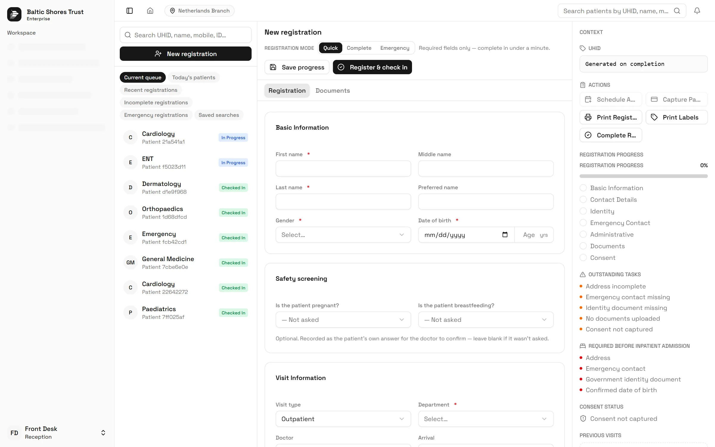 The new registration form in the Eruntar Reception Module: quick, complete and emergency modes, basic information and safety screening fields, and on the right the registration progress with outstanding tasks and what is required before an inpatient admission.